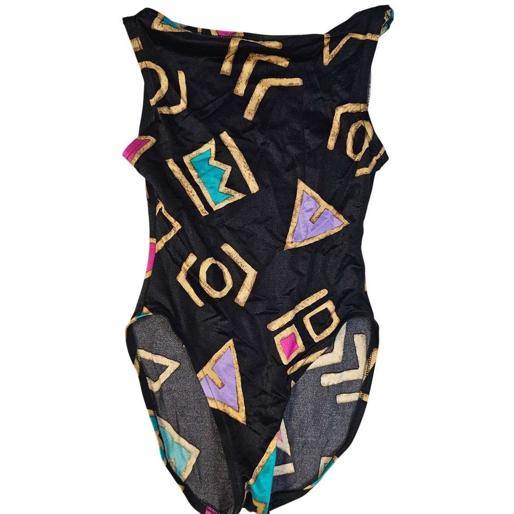 Vintage Carole Little Swimsuit 80s Geometric Abstract‎ One Piece Black Multi